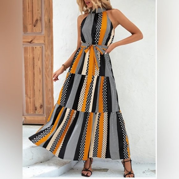 Dresses & Skirts - Halter Polka Dot Print Ruffle Hem Belted Dress